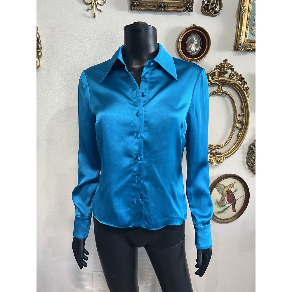 Alice + Olivia Turquoise Blue Satin Button-Down Shirt Size S